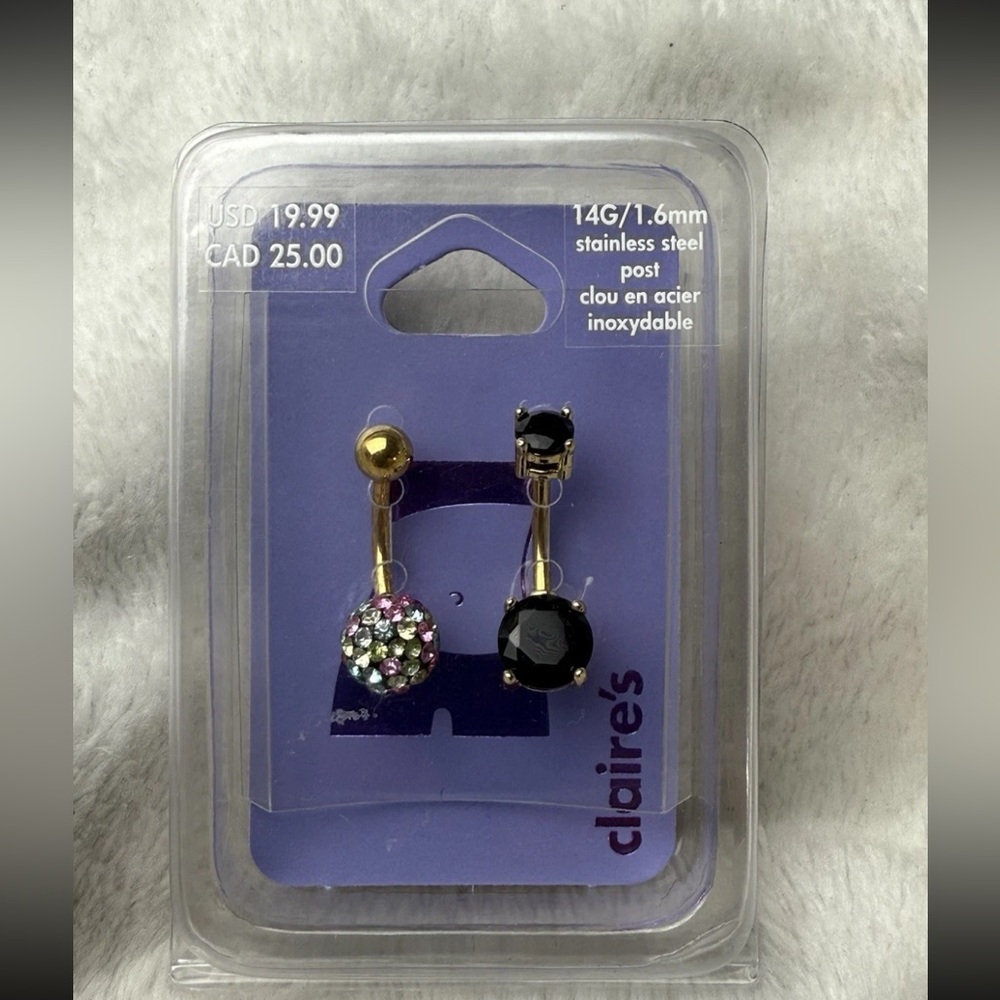 NWT Claire's Stainless Steel Belly Button Rings Gold Jewels Naval Rings 14Gauge